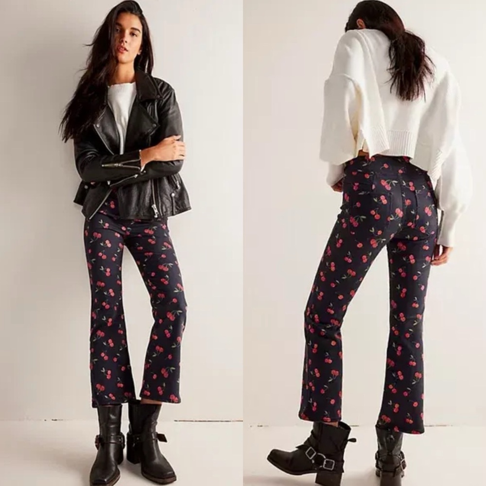 Free People / NWT Cherry Fruit Print Flare Crop Pants in Black - Picture 4 of 9